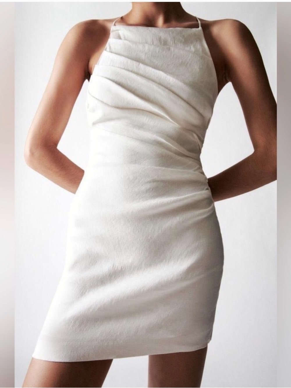 Zara Ivory Draped Linen Blend Mini Dress